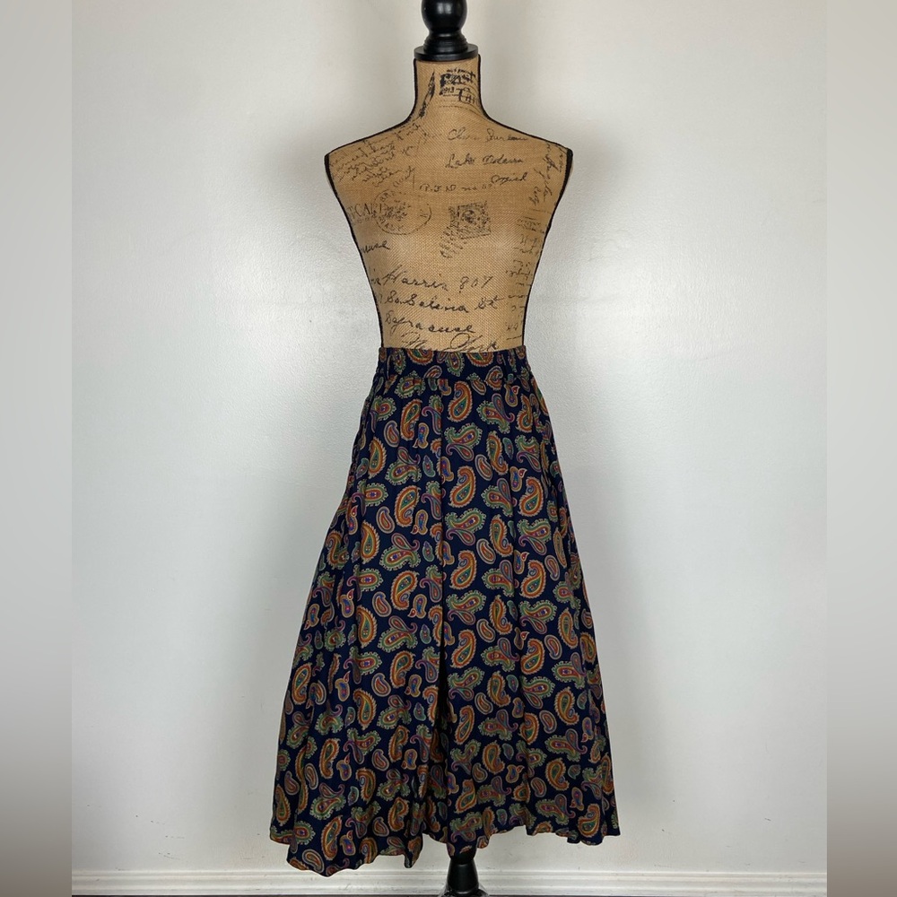 Liz Sport 90s VTG Paisley‎ Pull On Midi Skirt Size S Blue Pleated Side Pockets
